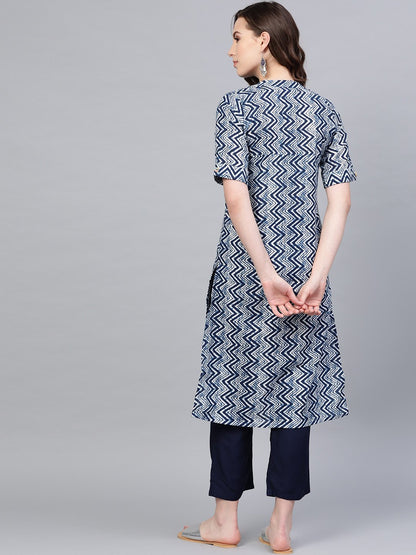 Women's Navy Blue Cotton Solid Full Sleeve Round Neck Casual Kurta Pant Set