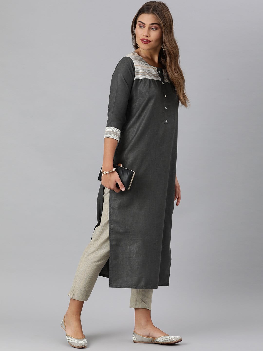 Women's KSUT Grey And Off White Straight Kurta With Stripe Woven Yoke And 3/4Th Sleeves