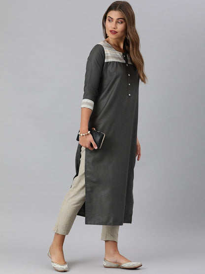 Women's KSUT Grey And Off White Straight Kurta With Stripe Woven Yoke And 3/4Th Sleeves