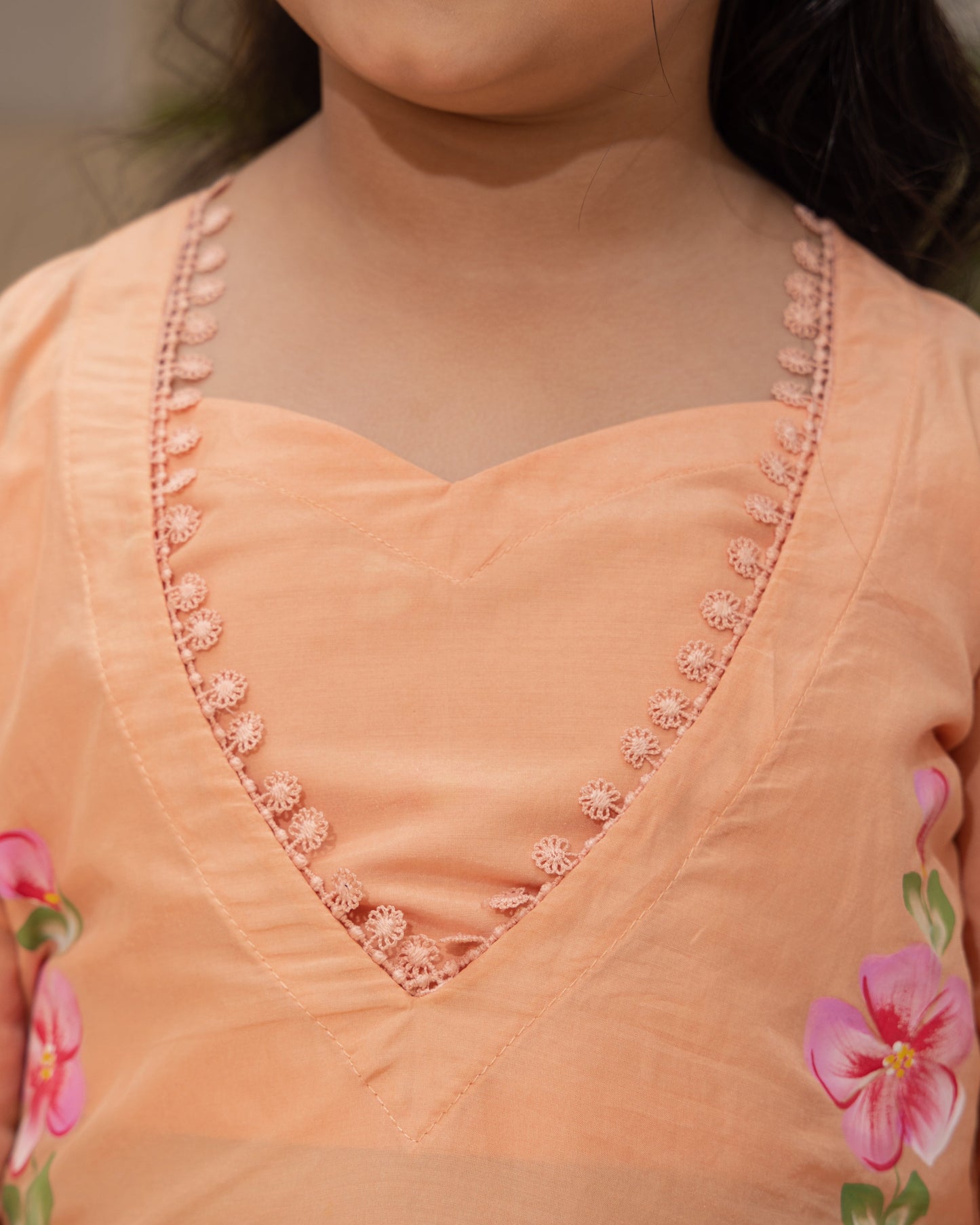 Girl's Posie Orange Handpainted Chanderi Co ord Set