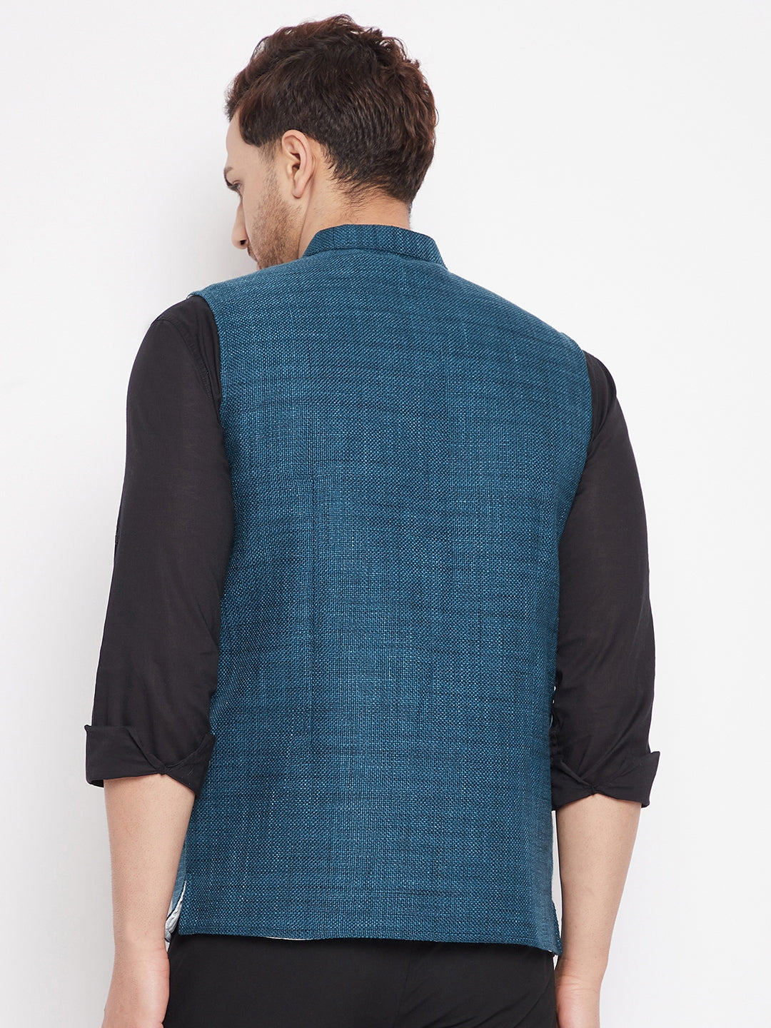 Men's Blue Color Woven Nehru Jacket