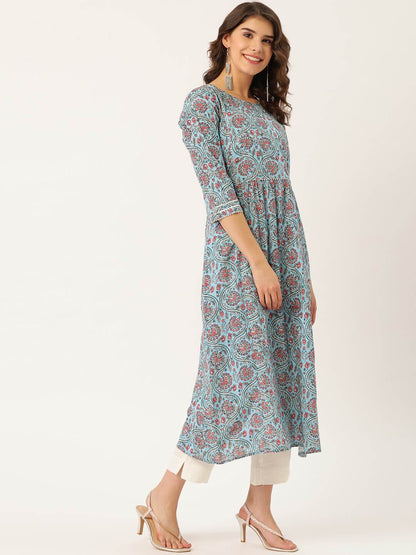 Women's Cotton Printed A-line Kurta Suit Set With Dupatta