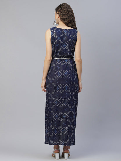 Women's Navy Blue Bandhani Print Maxi Dress