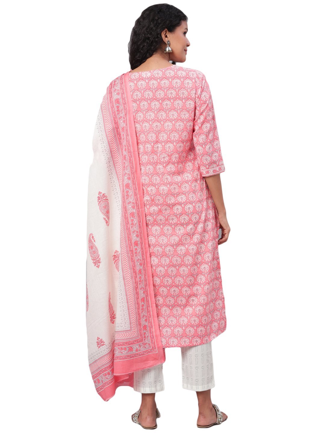 Women's Pink Printed 3/4 Sleeve Cotton Square Neck Kurta Pant & Dupatta Set