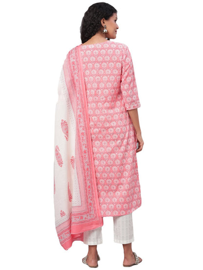 Women's Pink Printed 3/4 Sleeve Cotton Square Neck Kurta Pant & Dupatta Set