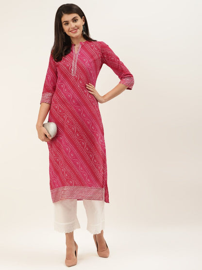 Women's Red And Fuchsia Bandhej Gota Work Straight Kurta