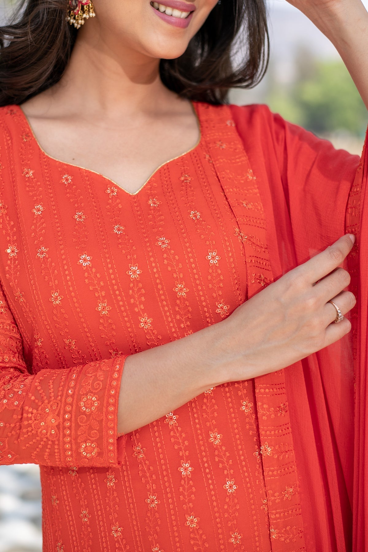 Women's Burnt Orange Heavy Thread Work Long Kurta Set