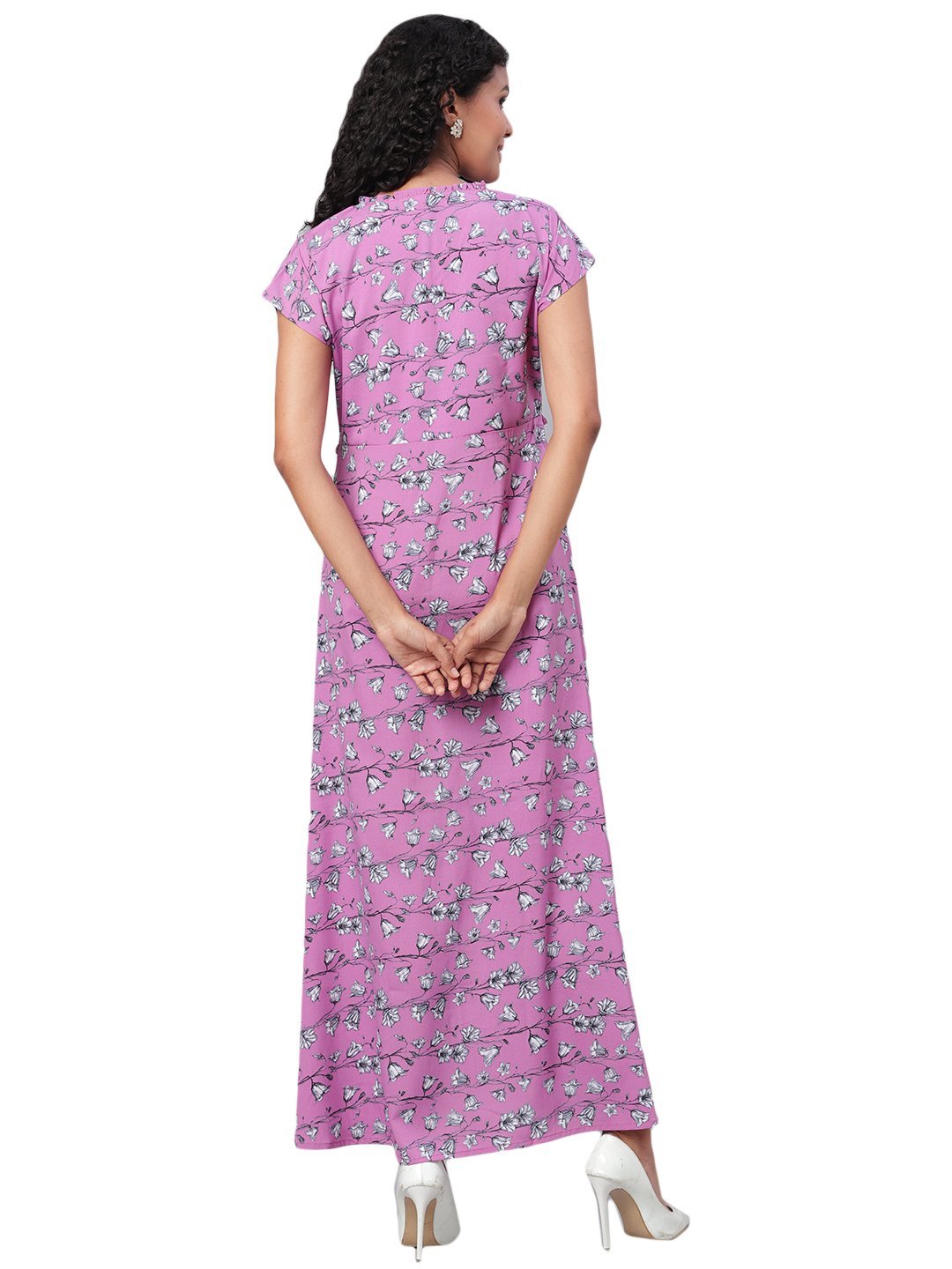 Women's Purple Printed Short Sleeve Polyester V Neck Casual Dress