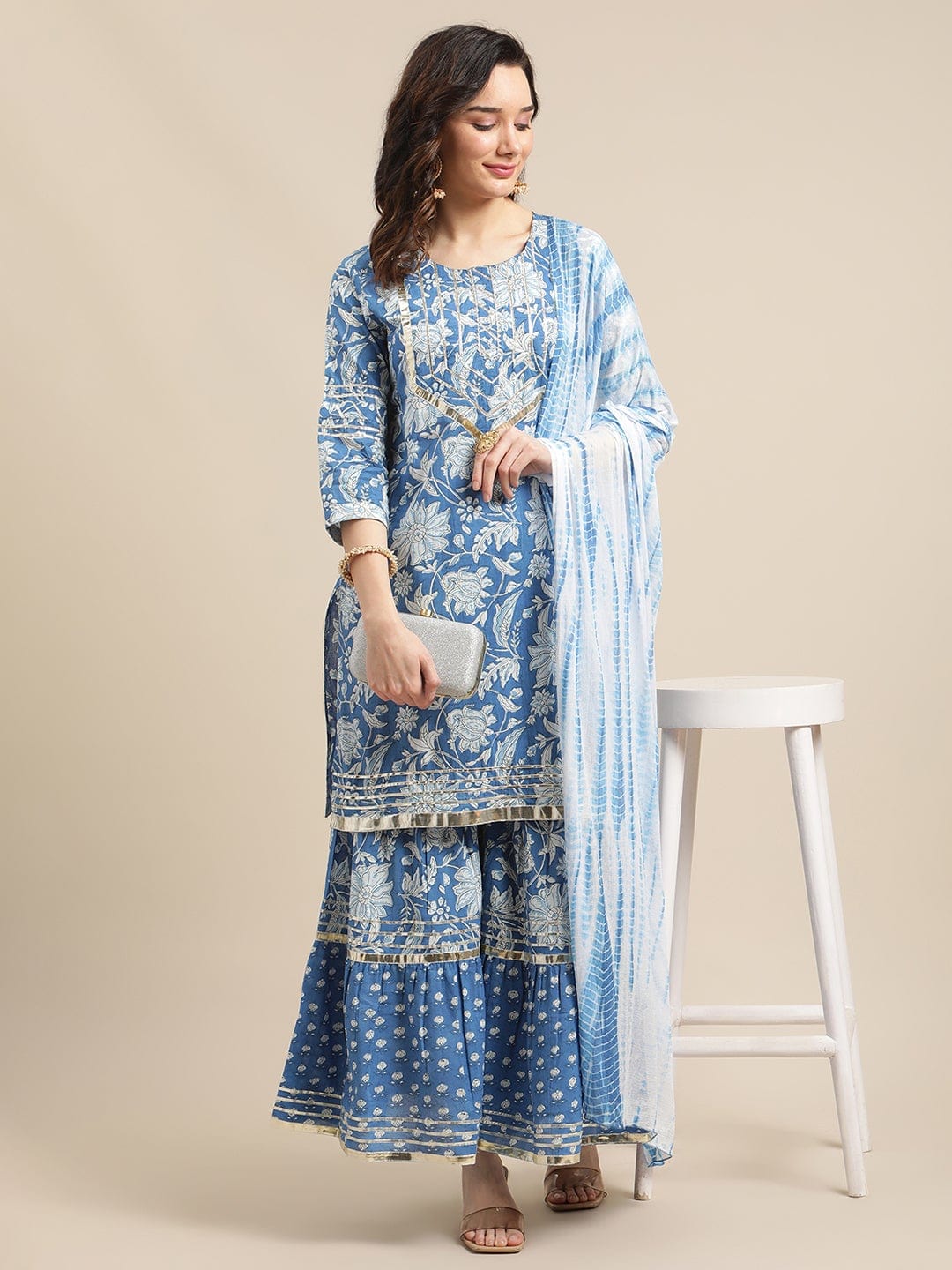 Women's Blue And White Floral Gota Embellished Printed Kurta Sharara Set With Tie N Dye Dupatta