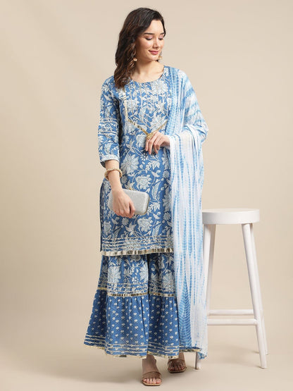 Women's Blue And White Floral Gota Embellished Printed Kurta Sharara Set With Tie N Dye Dupatta