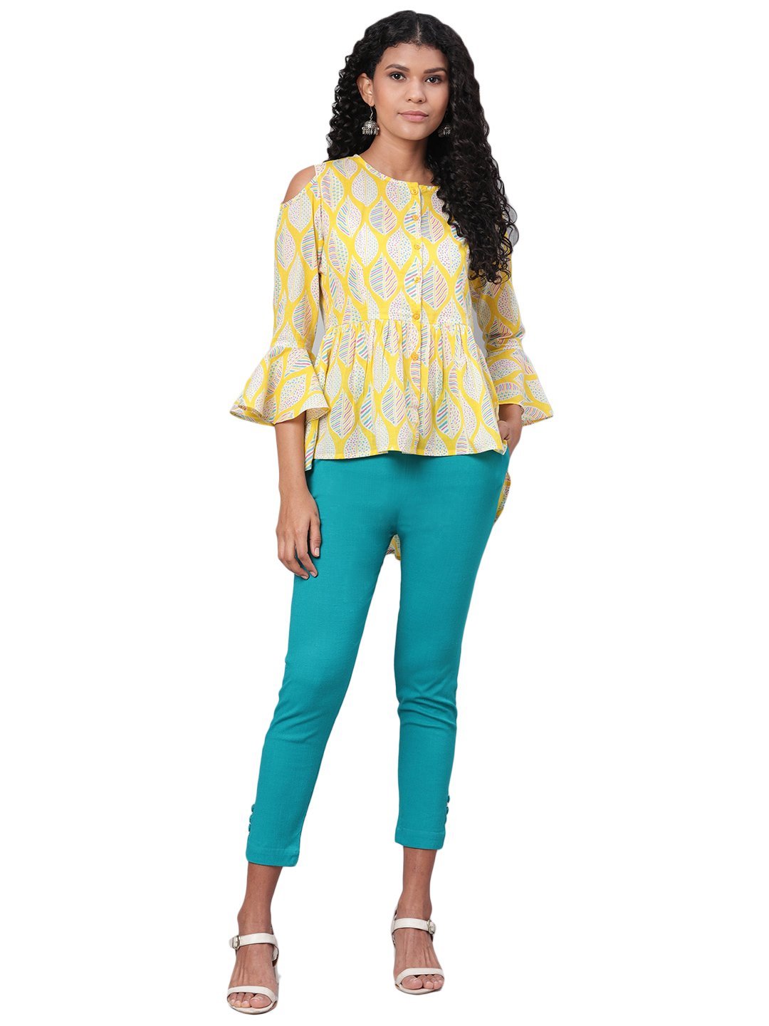 Women's Yellow Printed 3/4 Sleeve Round Neck Cotton Casual Top