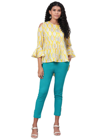 Women's Yellow Printed 3/4 Sleeve Round Neck Cotton Casual Top