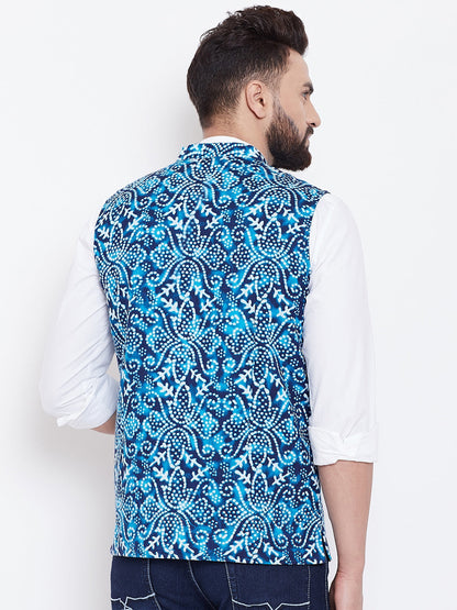 Men's Blue Printed Nehru Jacket