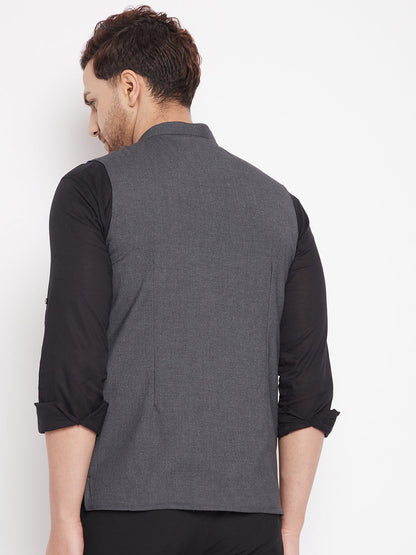 Men's Grey Color Nehru Jacket-Contrast Lining-Free Pocket Square