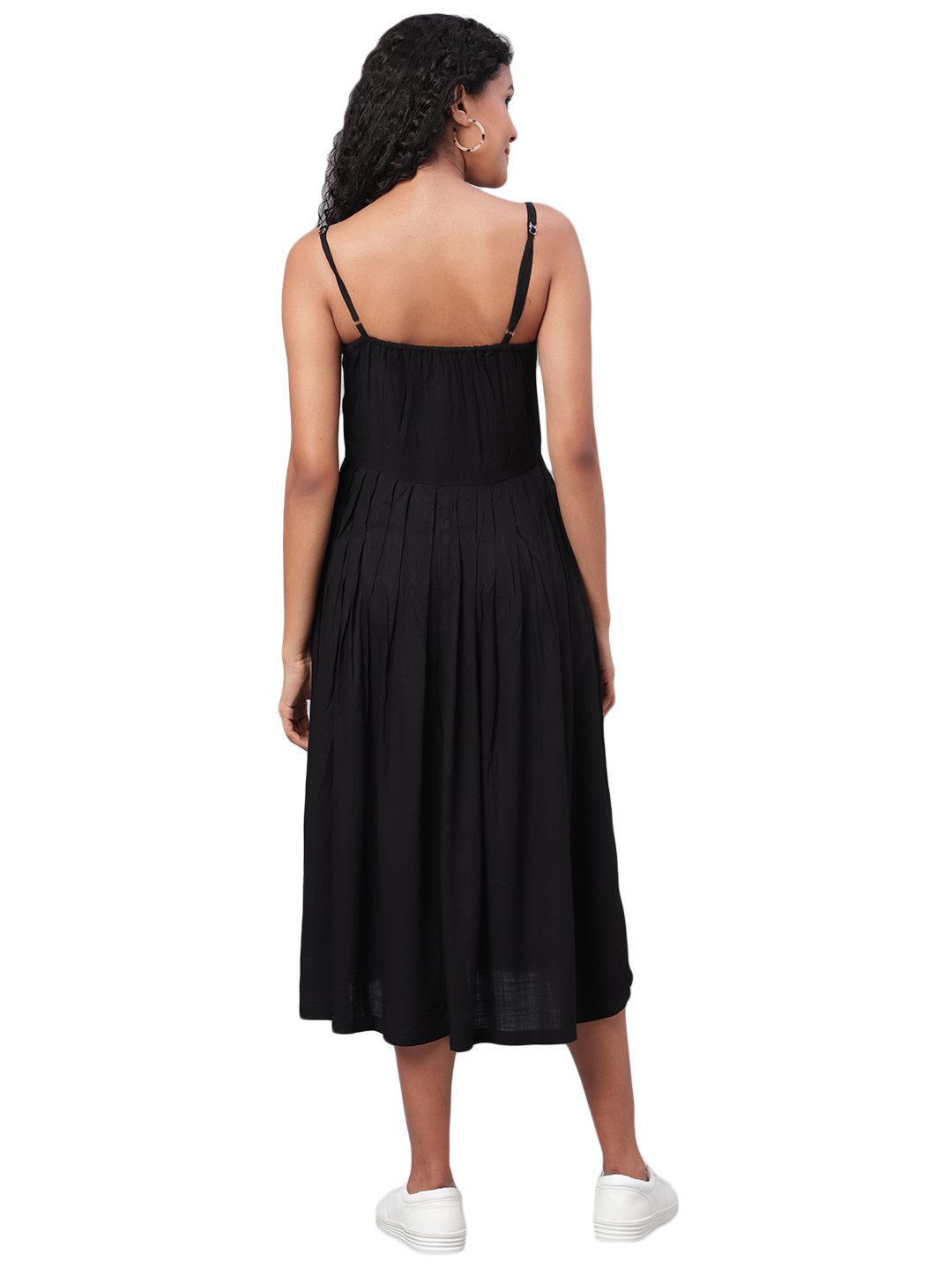 Women's Black Solid Sleeveless Cotton Streps Neck Casual Dress