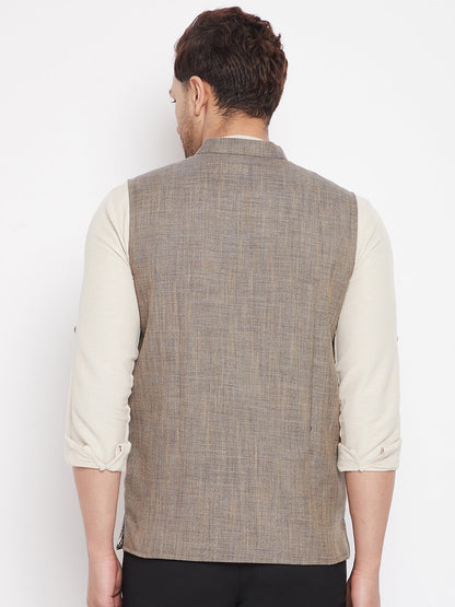 Men's Brown Color Woven Nehru Jacket