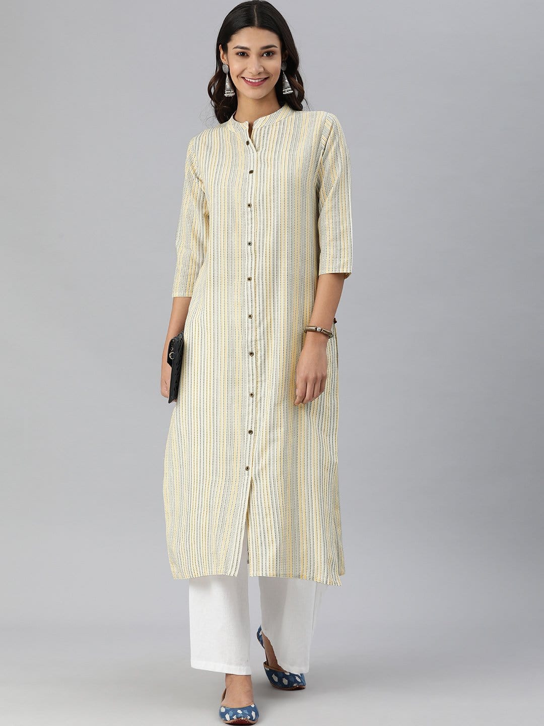 Women's KSUT Off White And Yellow Stripe Woven Kurta