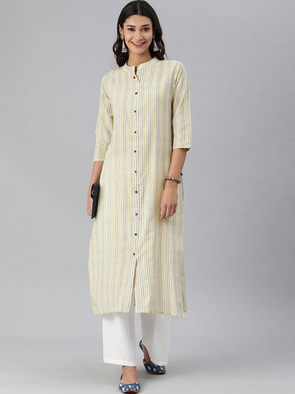 Women's KSUT Off White And Yellow Stripe Woven Kurta