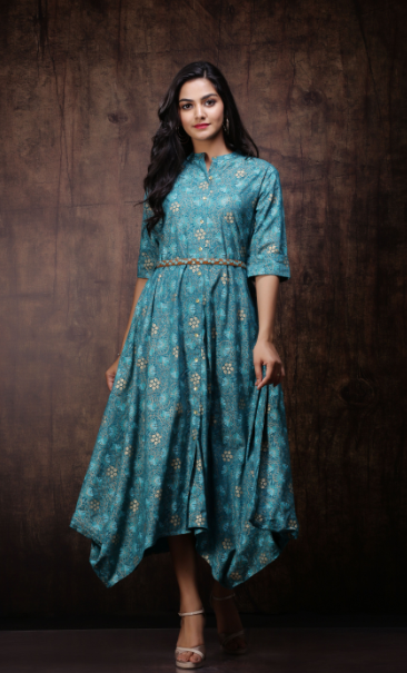Women's Rayon Printed Asymmetric Dress With Belt