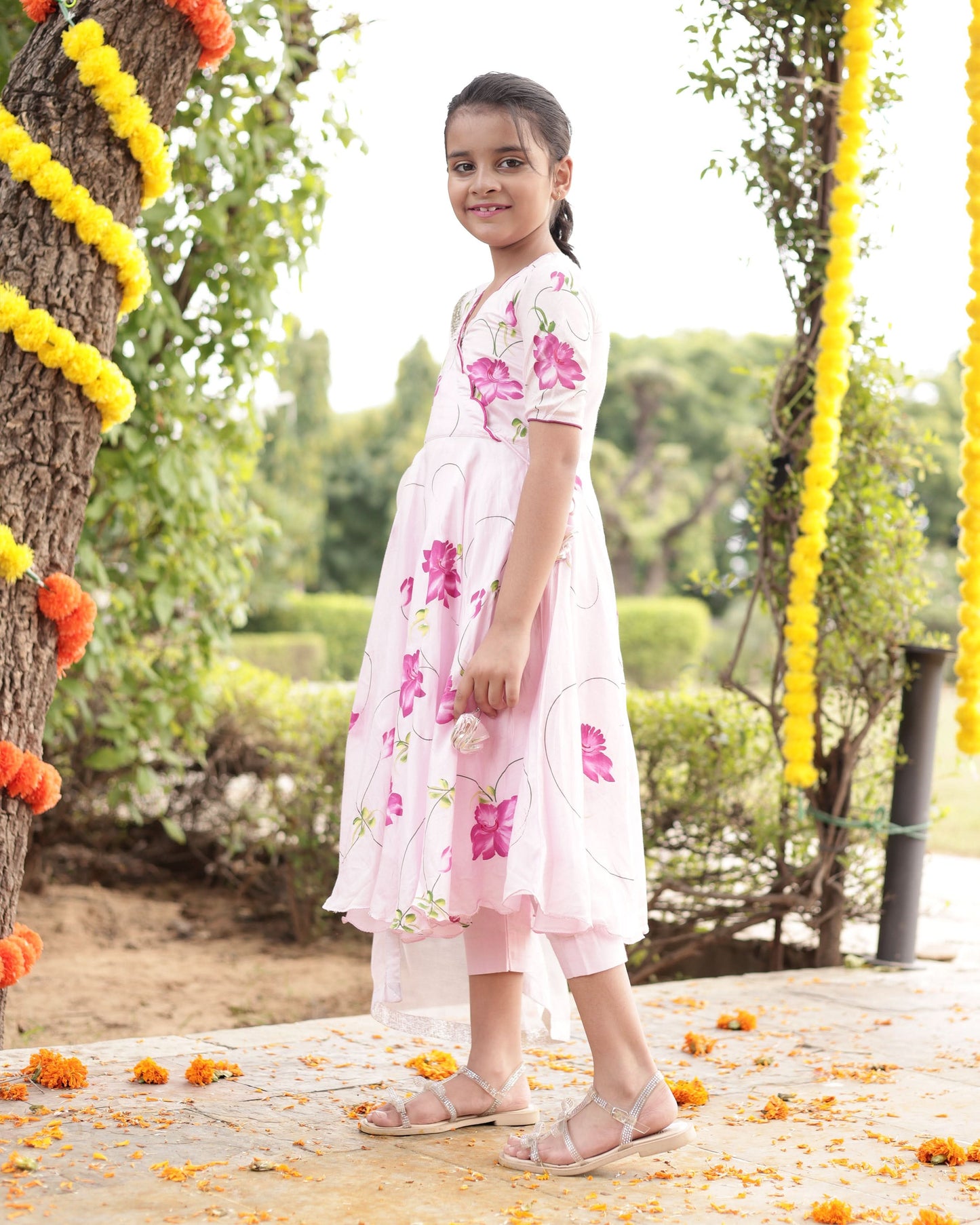 Girl's Dandelion Pink Muslin Silk Handcrafted Suit Set