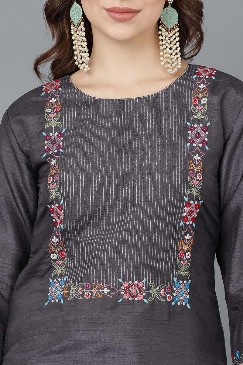 Women's Poly Silk Embroidered Kurta Pants With With Dupatta