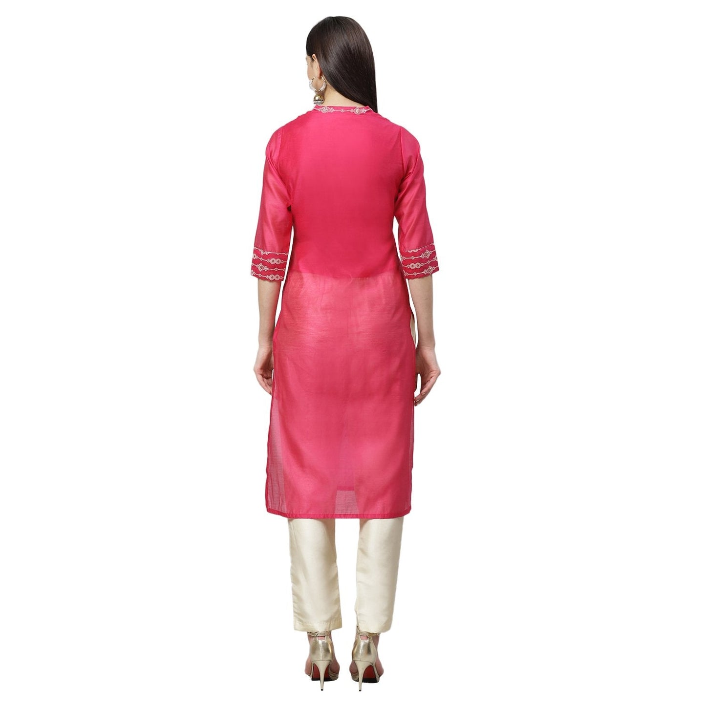 Women's Pink Chanderi Printed 3/4 Sleeve Collar Casual Kurta Pant Set