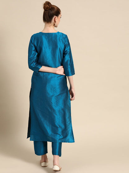 Women's Blue & Golden Embroidered Jacquard Kurta with Trousers