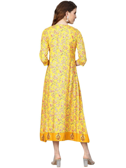 Women's Yellow Printed 3/4 Sleeve Cotton Slub Round Neck Casual Dress