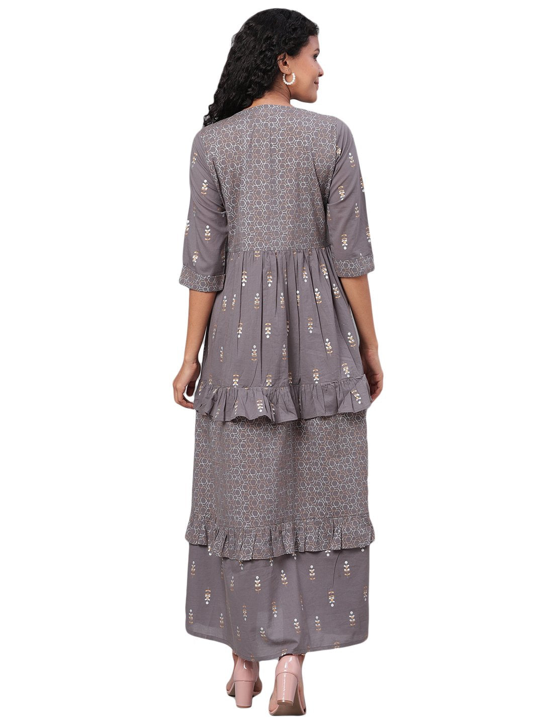 Women's Grey Printed 3/4 Sleeve Cotton Round Neck Dress