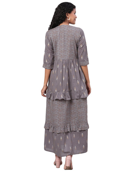 Women's Grey Printed 3/4 Sleeve Cotton Round Neck Dress