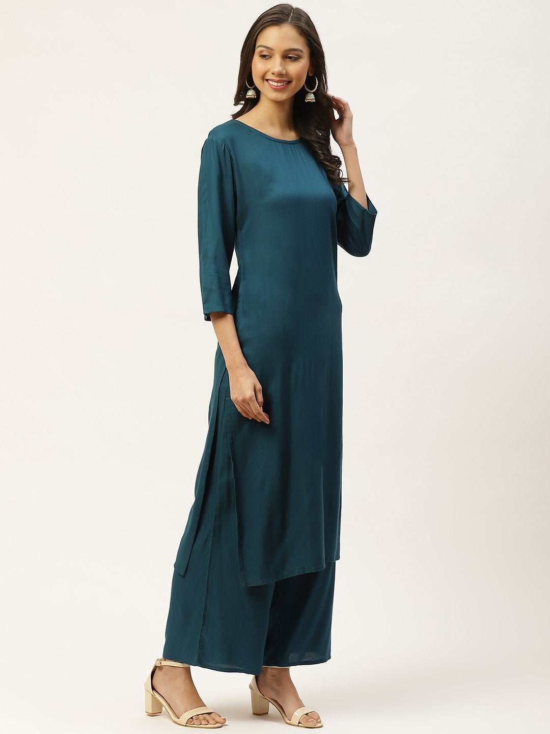 Women's Teal Blue Solid Kurta with Palazzos & Ethnic Motifs Hand Printed Dupatta