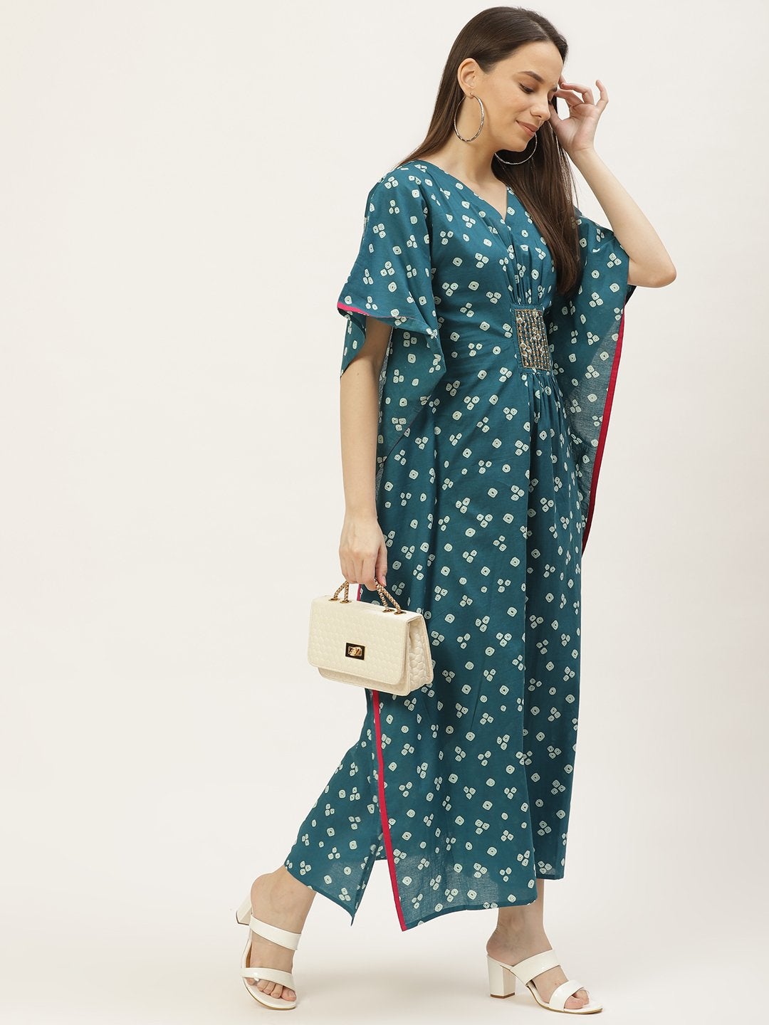 Women's Blue Printed & Embroided Kaftan Dress (1pc)