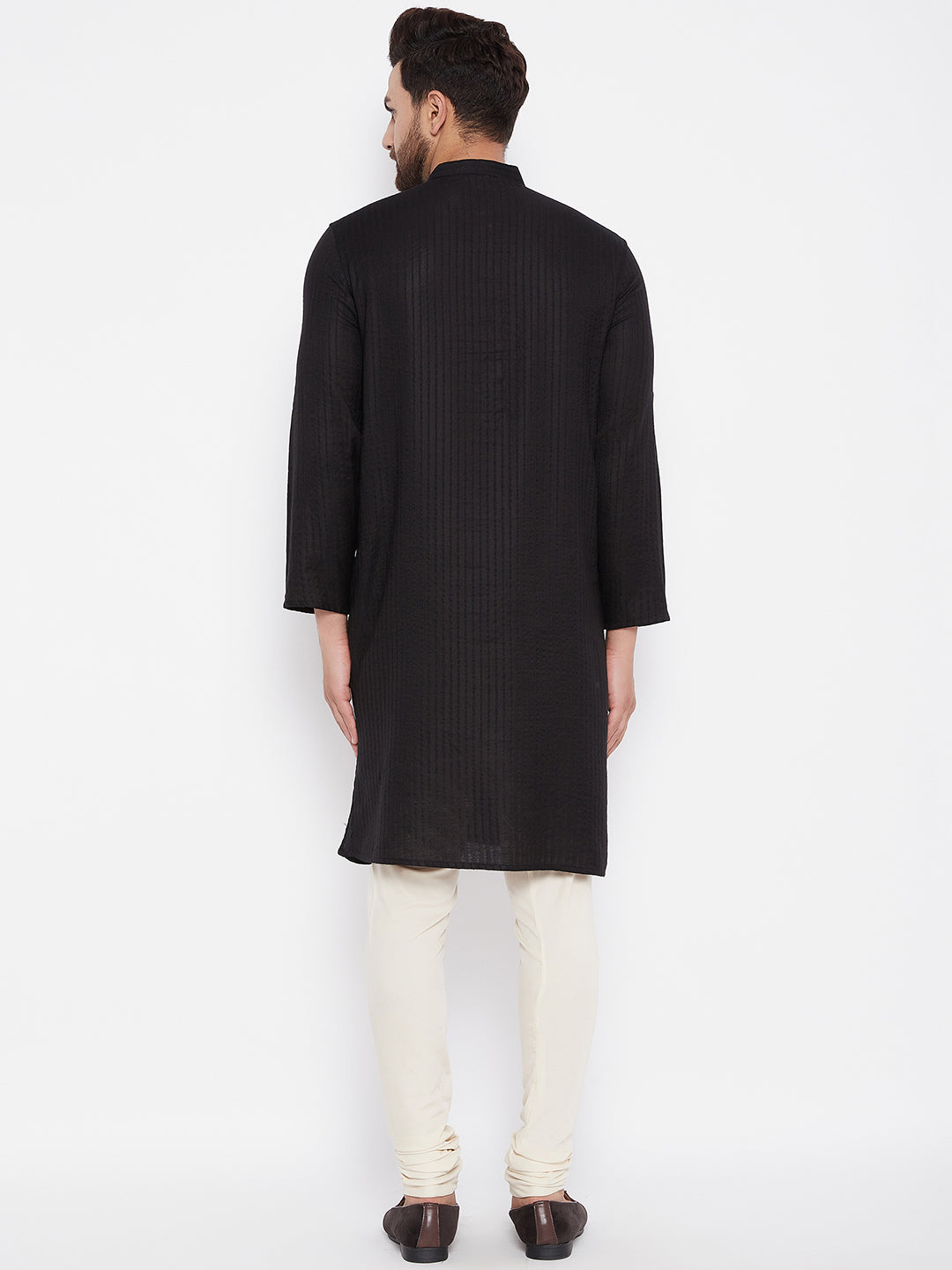 Men's Woven Design Black Straight Kurta