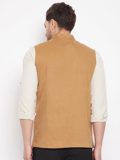 Men's Brown Color Nehru Jacket-Contrast Lining-Inbuilt Pocket Square
