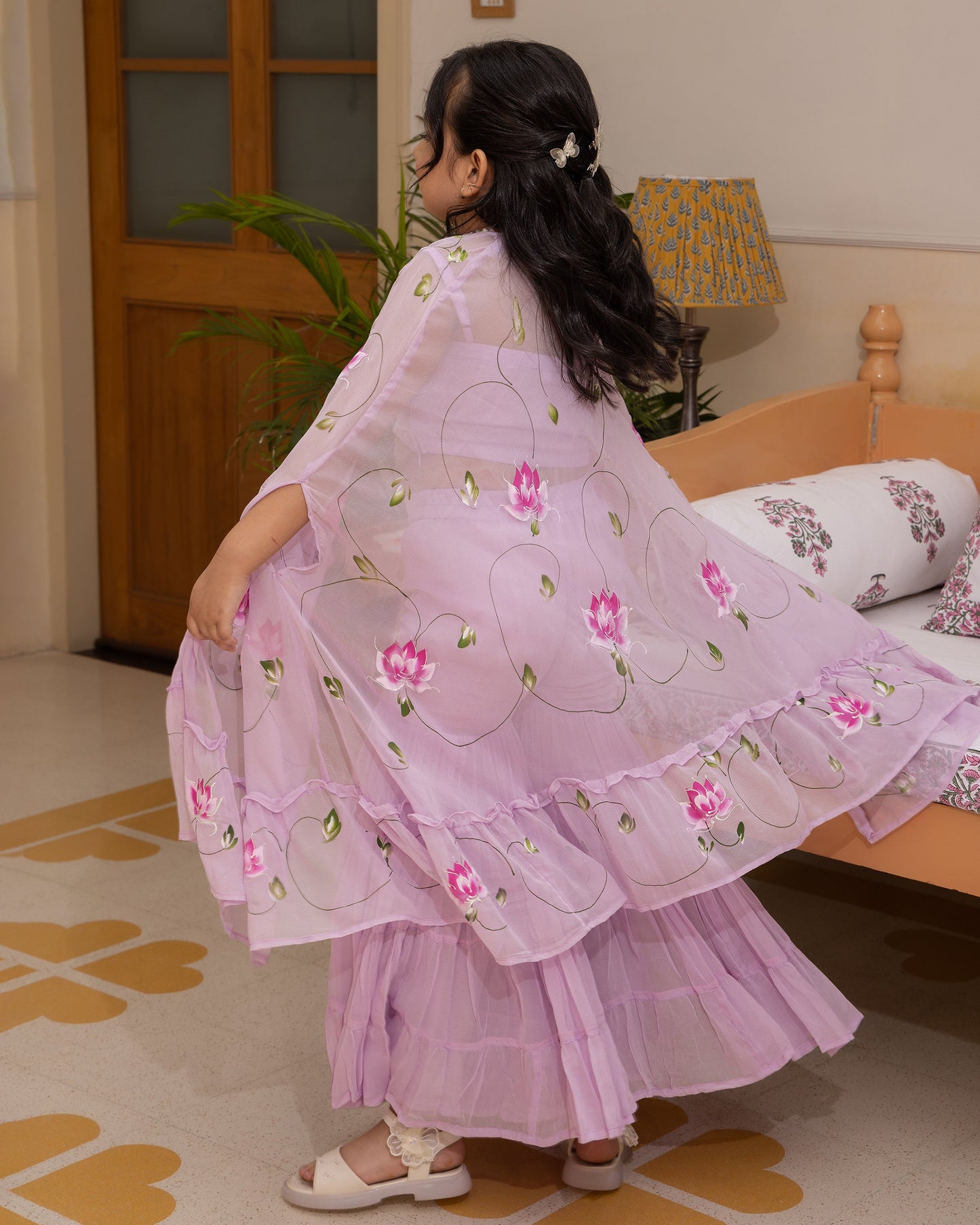 Girl's Gardenia Lavender Handpainted Georgette Co ord Set