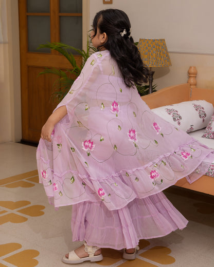 Girl's Gardenia Lavender Handpainted Georgette Co ord Set