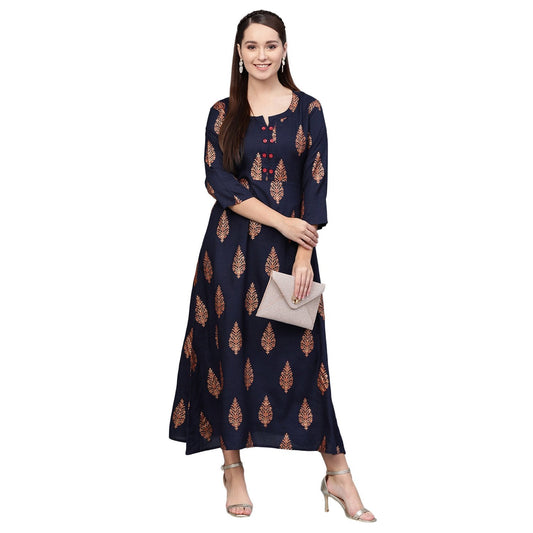 Women Navy Blue Cotton Printed Dress by Myshka (