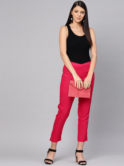 Women's Fuchsia Solid Regular Trousers