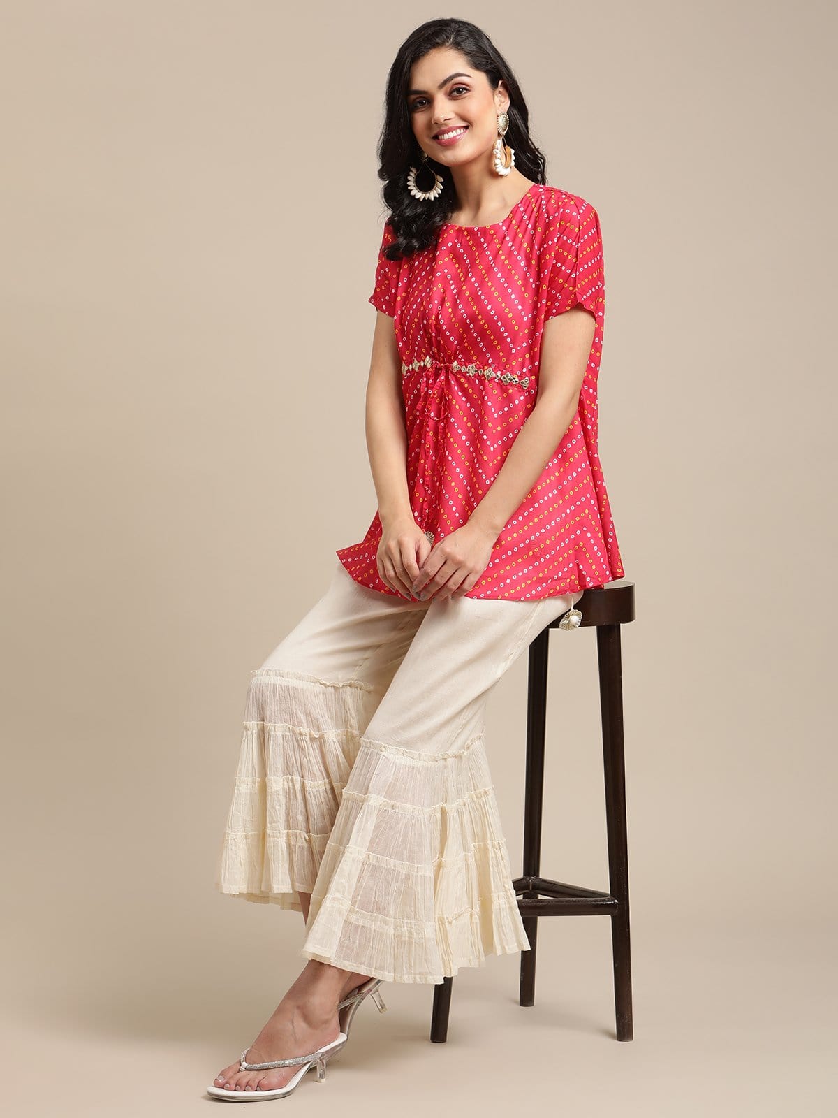 Women's Pink Bandhej Gota Patti Embellished Top With Off White Shrarara Set
