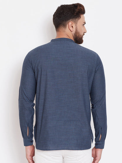 Men's Woven Design Navy Blue Shirt Kurta