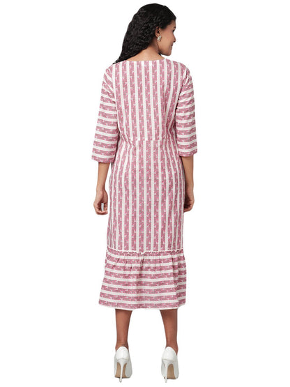 Women's Multi Printed 3/4 Sleeve Cotton Round Neck Casual Dress
