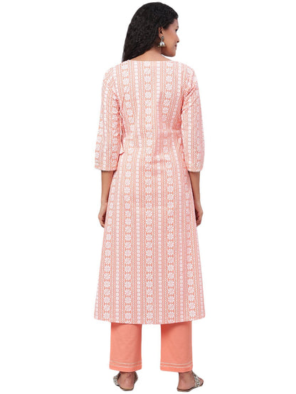 Women Peach Printed Cotton Kurta & Pant Set by Myshka (