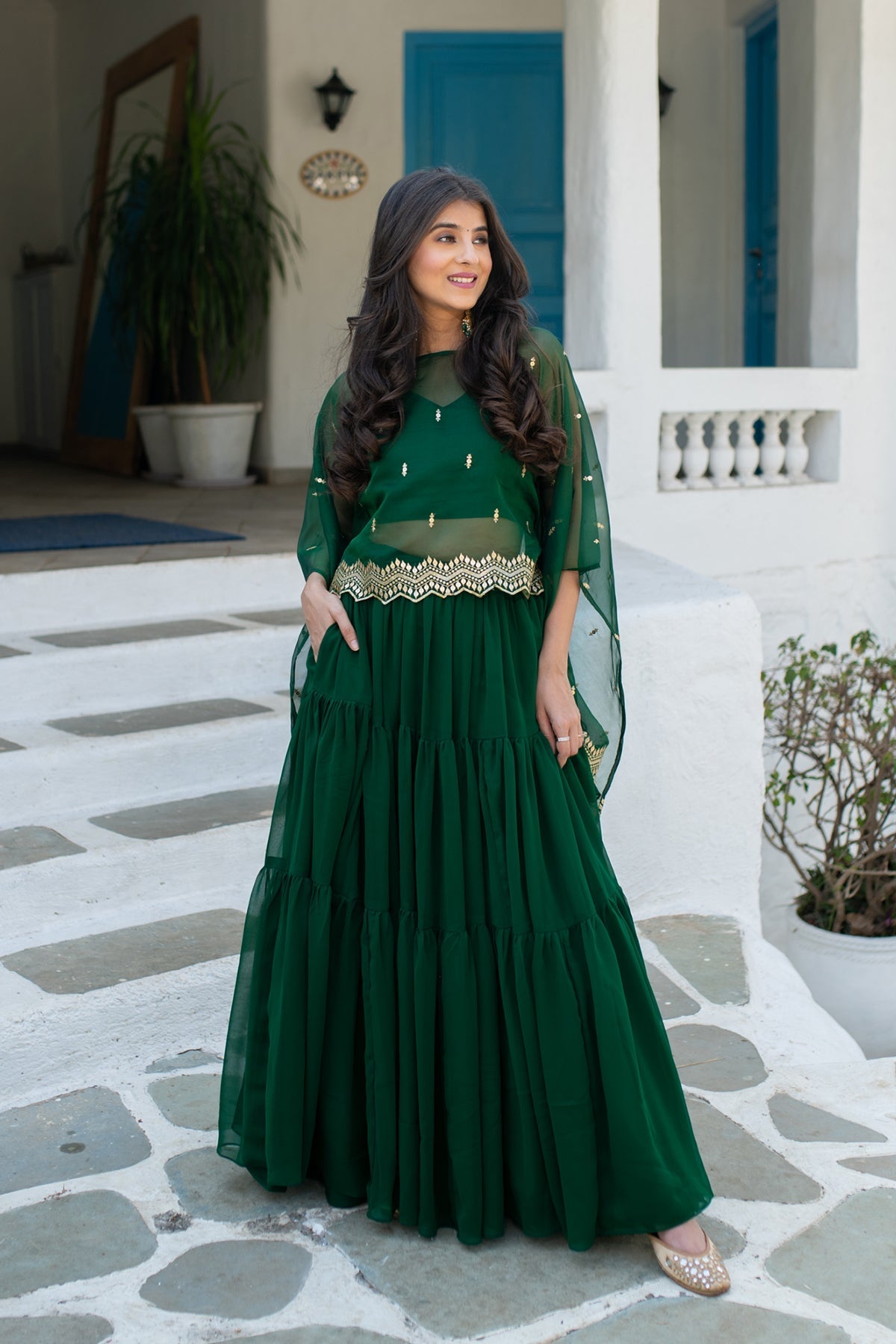 Women's Bottle Green Cape Lehenga Choli