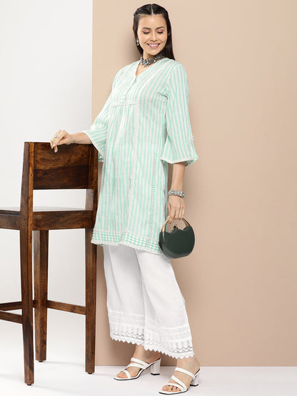 Women's Sea Green And White Striped Kurta With Lace Detailing & Off White Palazzos