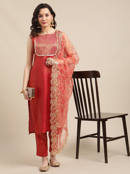 Women's Red And Gold Brocade Gota Embellished Striped Kurta Set With Gota Work Net Dupatta
