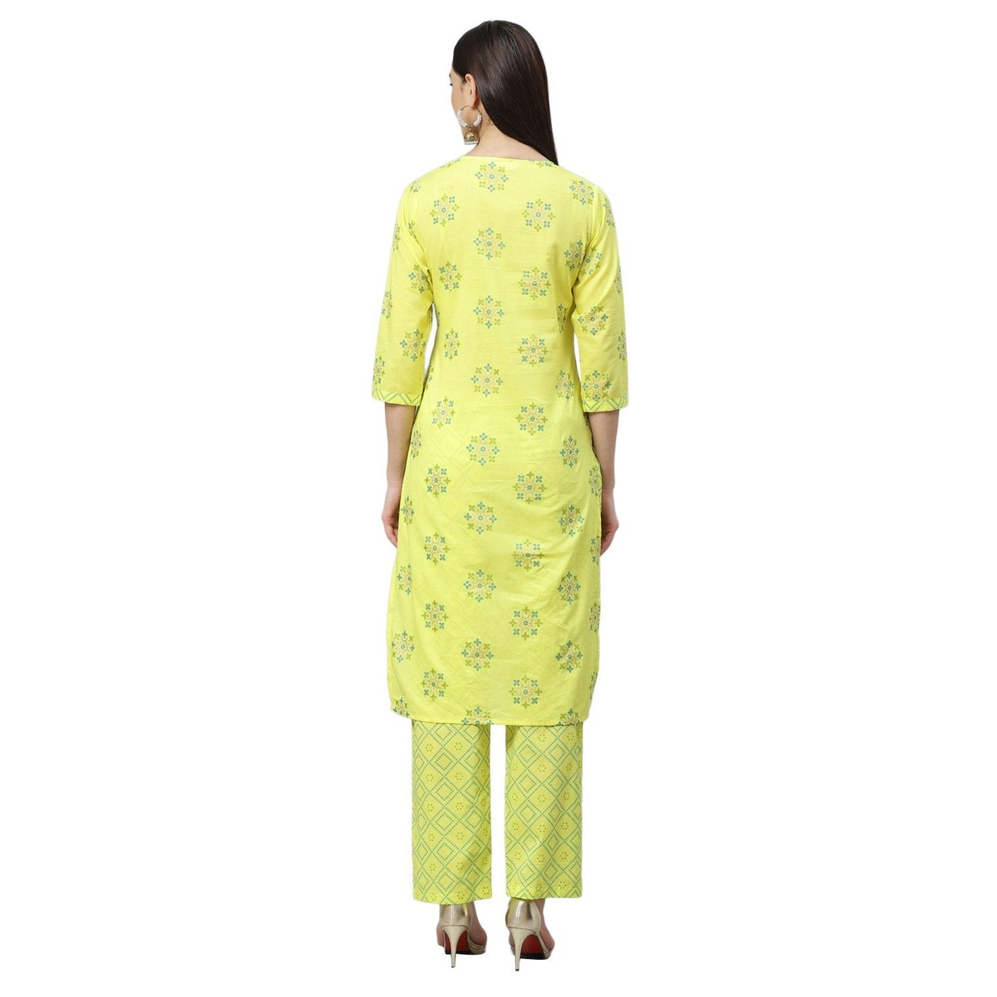 Women's Yellow Cotton Printed 3/4 Sleeve Round Neck Casual Kurta Pant Set