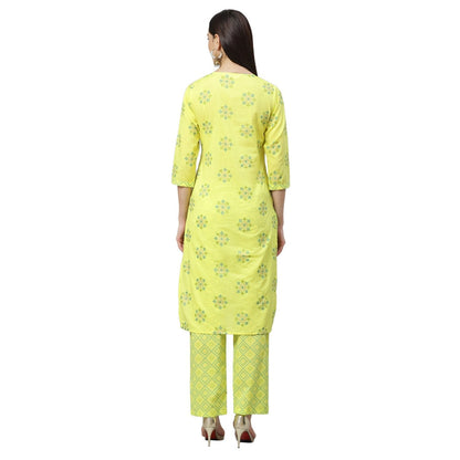 Women's Yellow Cotton Printed 3/4 Sleeve Round Neck Casual Kurta Pant Set