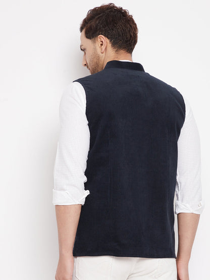 Men's Navy Color Nehru Jacket-Contrast Lining-Inbuilt Pocket Square