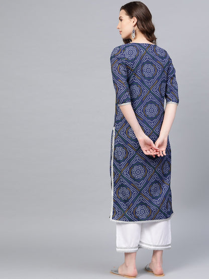 Women Blue Cotton Printed Kurta Palazzo Set by Myshka (