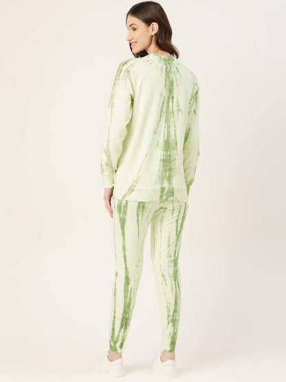 Women's White Green lighting Tie Dye Sweatshirt With Joggers